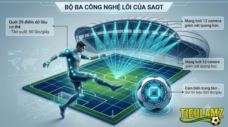 Sơ đồ đồ họa 3D minh họa nguyên lý hoạt động của công nghệ bắt việt vị bán tự động (SAOT) với 12 camera và cảm biến lõi bóng - Nguồn: TieulamTV.